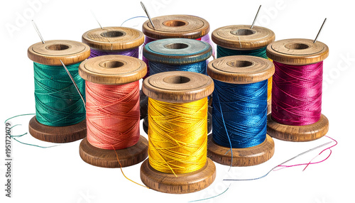Close-up of colorful thread spools with needles, arranged in a semi-circle