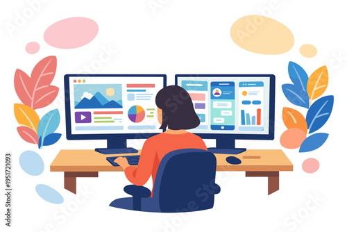 Woman working on dual computer screens with charts and graphs.