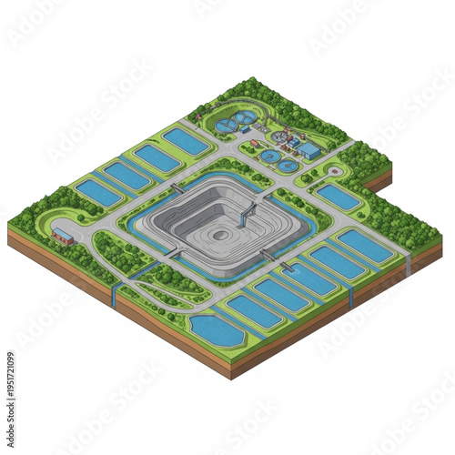 Isometric View of a Quarry with Surrounding Infrastructure and Ponds.