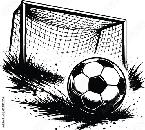Soccer Ball in Goal Net Illustration, Football Goal Scoring Sports Line Art Vector.