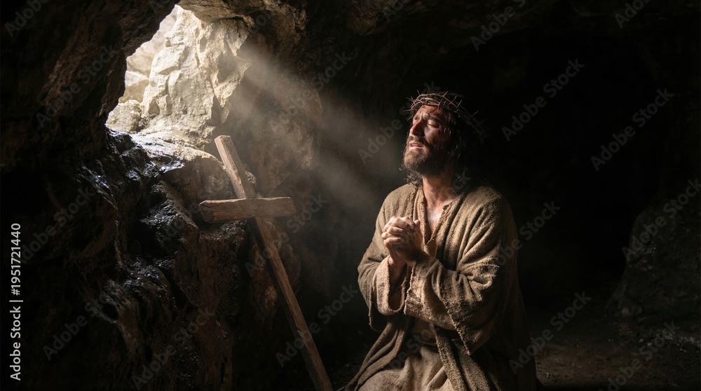 Fototapeta premium Jesus Christ with crown of thorn kneeling and praying in dark stone tomb illuminated by light rays. Biblical scene of resurrection and suffering. Religious concept of hope and faith.