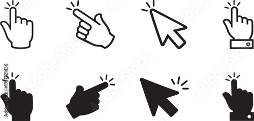 Computer mouse click cursor icon set with pointer symbols for web, UI interface, navigation actions