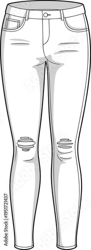 Women distressed skinny jeans technical fashion flat front view ripped denim pants cad drawing flat vector illustration