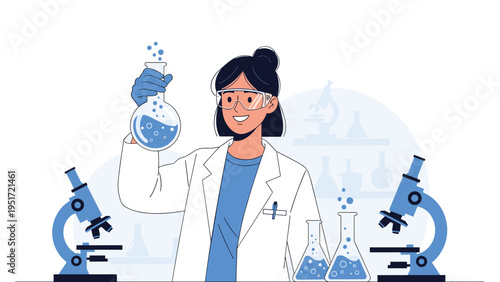 Professional female scientist in a lab coat and safety glasses holding a flask with blue liquid in a laboratory setting with equipment.