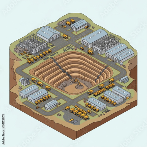 Isometric View of an Open-Pit Mine with Heavy Machinery.