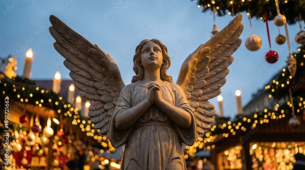 Obraz premium Stone angel sculpture with wings praying at Christmas market. Christian divine messenger statue with glowing festive lights. Religion, catholic faith and holiday spirit background.