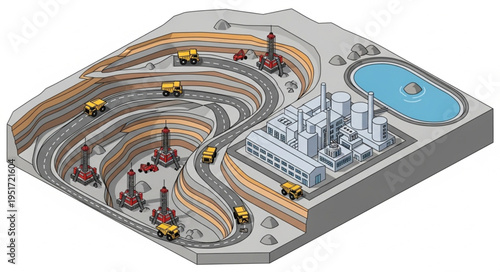 Isometric View of an Open-Pit Mine with Processing Plant.