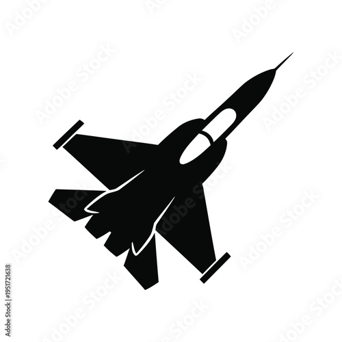 Fighter jet silhouette flying diagonally as a minimalist graphic icon on a white background