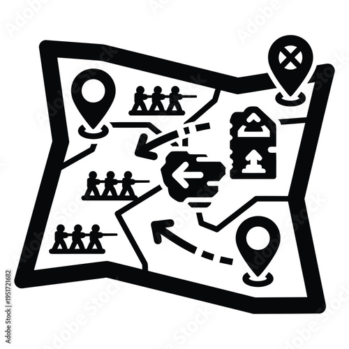 Military tactical map icon showing strategic planning and troop movement for mission briefing and combat operations, black and white flat vector illustration