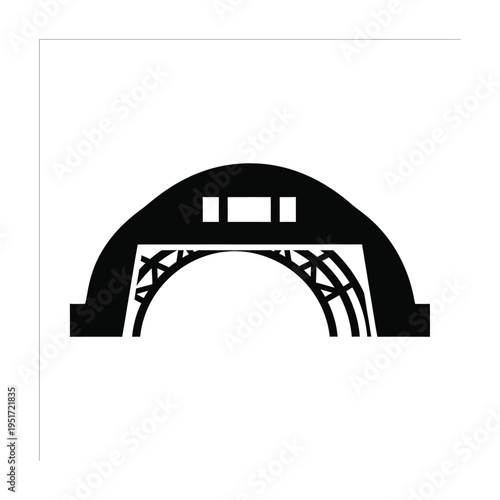 Hangar icon silhouette for aviation or industrial storage, minimalist black and white vector illustration