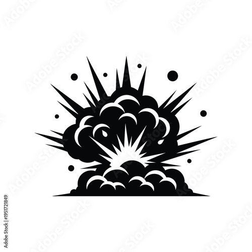 Explosion icon with smoke and blast rays in black silhouette vector style