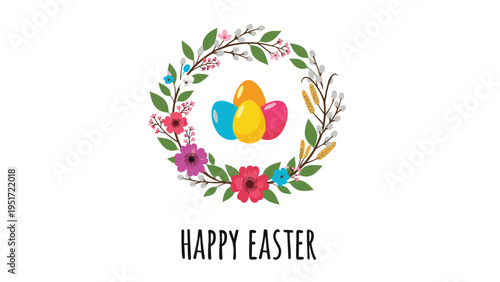 Vibrant Easter wreath made of spring flowers and willow branches surrounding a group of colorful decorated eggs on a white background.