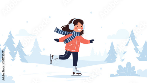 Little girl happily ice skating on a frozen pond surrounded by snow covered pine trees in a beautiful winter wonderland landscape.