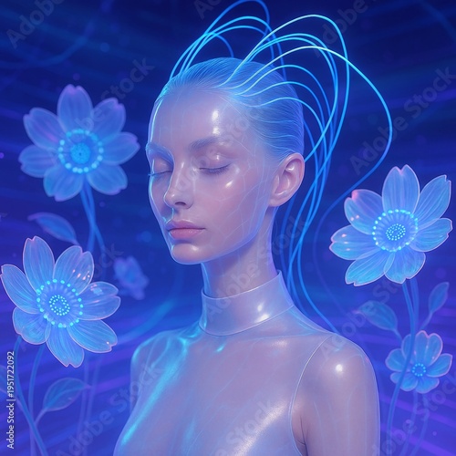 A woman with translucent skin and flawless features in an immersive virtual environment, with digital wires emanating from her head and technological flowers surrounding her. A fashion-tech style, sof