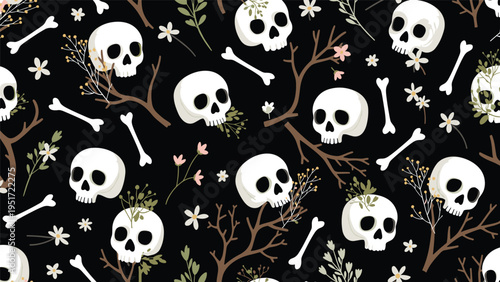 Seamless pattern featuring white skulls and bones decorated with delicate flowers and branches on a solid black background for gothic designs.
