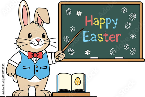 Cartoon Bunny Teacher with Chalkboard and Easter Eggs Illustration