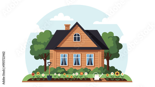 Charming wooden cabin with a gabled roof nestled among lush green trees and a flower garden with a watering can and shovel in the foreground.