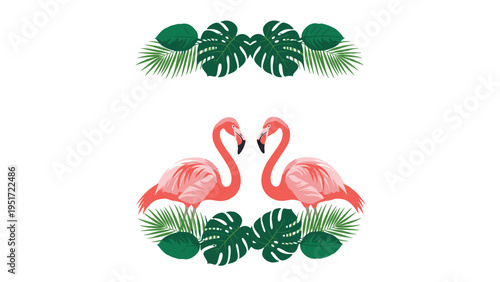 Pair of elegant pink flamingos facing each other surrounded by lush green tropical palm and monstera leaves in a symmetrical floral arrangement.