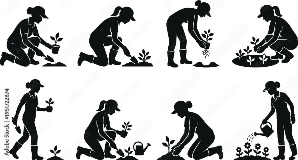 Obraz premium Silhouette illustrations of gardener performing planting, watering, and gardening activities with tools and plants outdoors