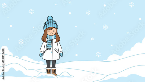 Young girl wearing a white winter coat and blue knitted hat and scarf standing alone in a vast snowy field with snowflakes gently falling.