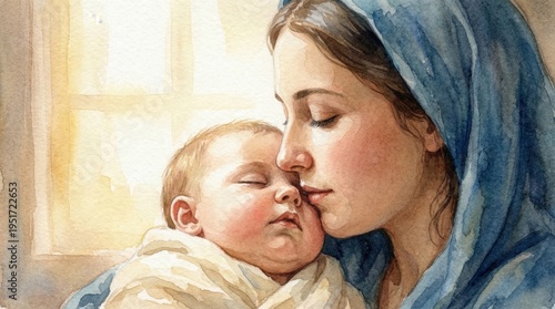 Virgin Mary holding baby Jesus. Watercolor illustration depicting mother and child in religious art. Biblical scene of nativity and Madonna for Christmas celebration or church design.
