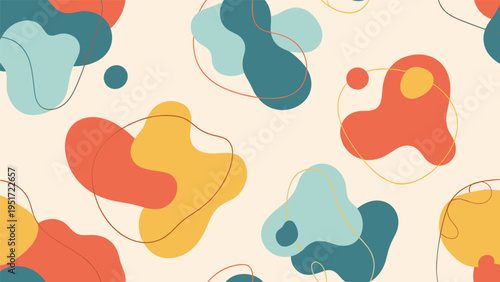 Seamless abstract pattern featuring colorful organic blob shapes in shades of blue orange and yellow with thin outline details on a cream background.