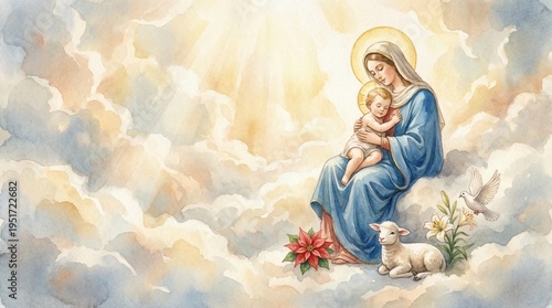 Virgin Mary holding baby Jesus sitting on clouds. Biblical scene of mother and child in heaven. Catholic religious artwork depicting holy family with dove, lamb and flower illustration.