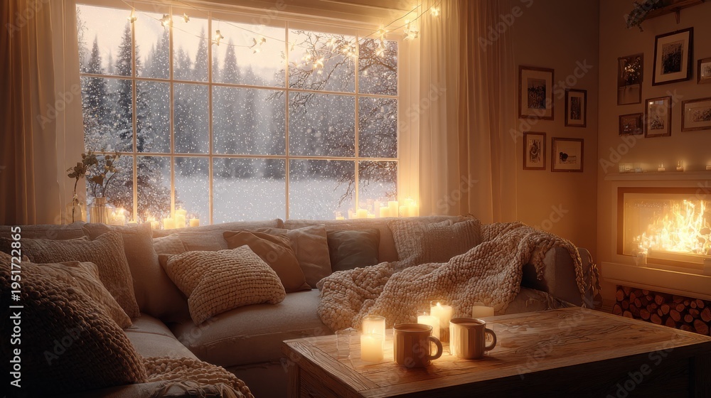 Fototapeta premium Cozy Winter Interior with Fireplace and Snowy View for Relaxation and Holiday Concepts