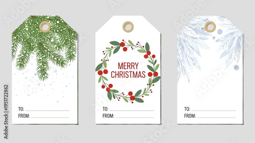 Set of three festive Christmas gift tags featuring pine branches holly wreaths and snowy leaves with spaces to write names and merry wishes.