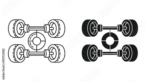 Pair of Car Wheel Axle Icons - Outline and Solid Fill - Isolated on White