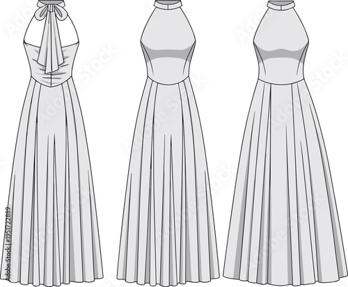 Women halter neck pleated maxi dress technical fashion flat with ribbon tie back design front and back evening gown vector illustration