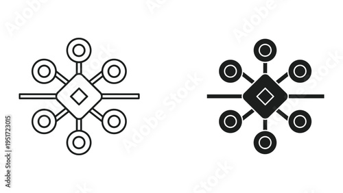 Abstract technology icon with network of circles connected to a central rhombus, line and filled versions