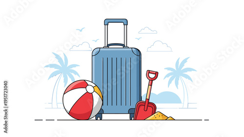 Blue suitcase standing next to a beach ball and a toy shovel in the sand with palm trees and seagulls in a bright tropical vacation scene.
