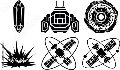 Futuristic technology and scifi icons collection with satellites and geometric designs