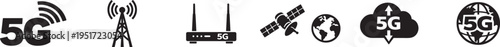 Modern 5G internet icon set with wireless symbols, network speed, connectivity, and technology signs.