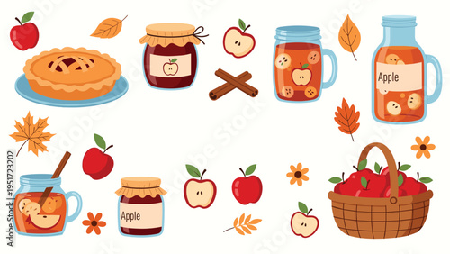Collection of apple themed food items including an apple pie apple juice jars of jam and a basket full of ripe red apples on a white background.