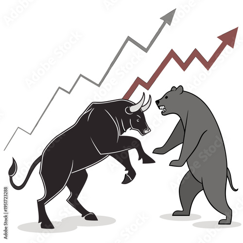 Bull and bear facing each other with stock market graph