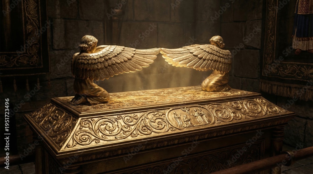 Obraz premium Golden Ark of the Covenant with two cherubims spreading wings. Biblical relic from the Old Testament. Sacred religious object for worship in church. Christianity and faith concept.