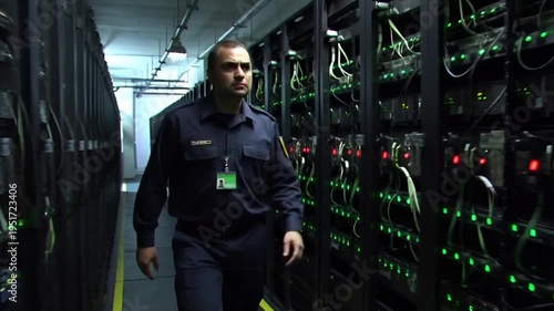 A man in a dark server room with green and red lights walking down a corridor