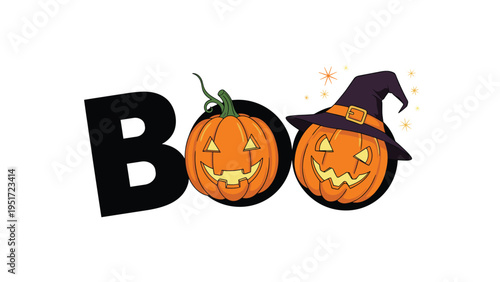 Festive Halloween design featuring two carved jack o lanterns one wearing a witch hat placed between the letters of the word boo.