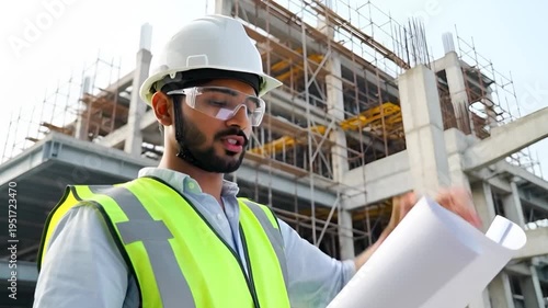 A construction worker, wearing a hard hat, examines construction plans at a site
