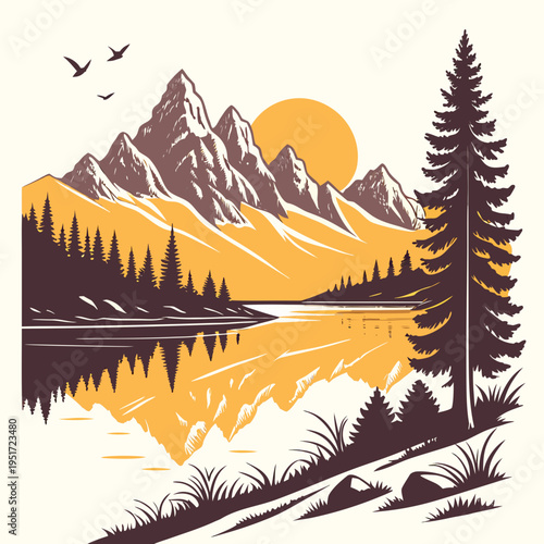 Mountain Landscape with Pine Trees and Lake at Sunset