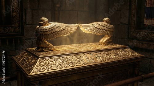 Golden Ark of the Covenant with two cherubims spreading wings. Biblical relic from the Old Testament. Sacred religious object for worship in church. Christianity and faith concept.