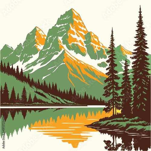 Green Mountain Landscape with Lake and Trees nature