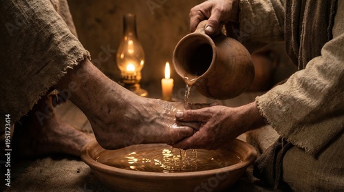 Jesus Christ washing feet of disciple. Biblical scene depicting act of service and humility. Religious historical event for church worship, easter inspiration, christian ministry faith.