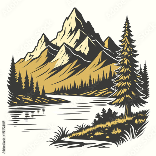 Mountain Scene with Lake and Pine Trees landscape nature