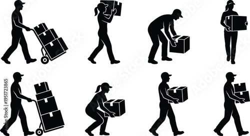 Silhouette workers carrying, lifting, and moving heavy boxes with hand trucks showing manual labor and workplace ergonomicsSilhouette workers carrying, lifting, and moving heavy boxes 