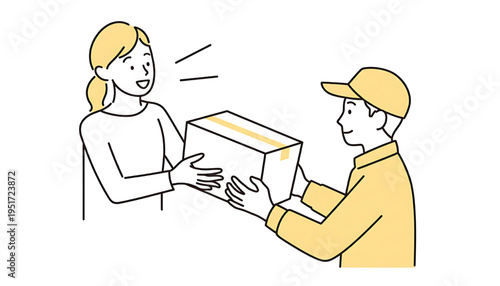 Person receiving a package from a delivery person with a happy expression, representing parcel delivery and customer satisfaction.