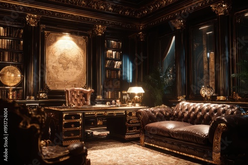 Opulent Home Office Interior Featuring Leather Furniture, Antique Decor, Rich Colors, and Luxurious Design Elements