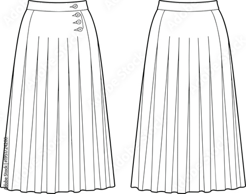 Women long pleated skirt template with front and back views for fashion apparel design mockup, cad drawing flat vector illustration